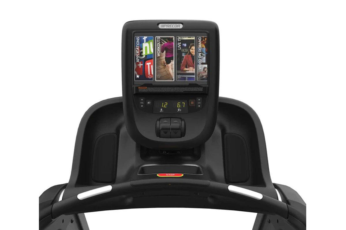 Precor TRM 865 black treadmill with digital display console showing workout programs and metrics on white background