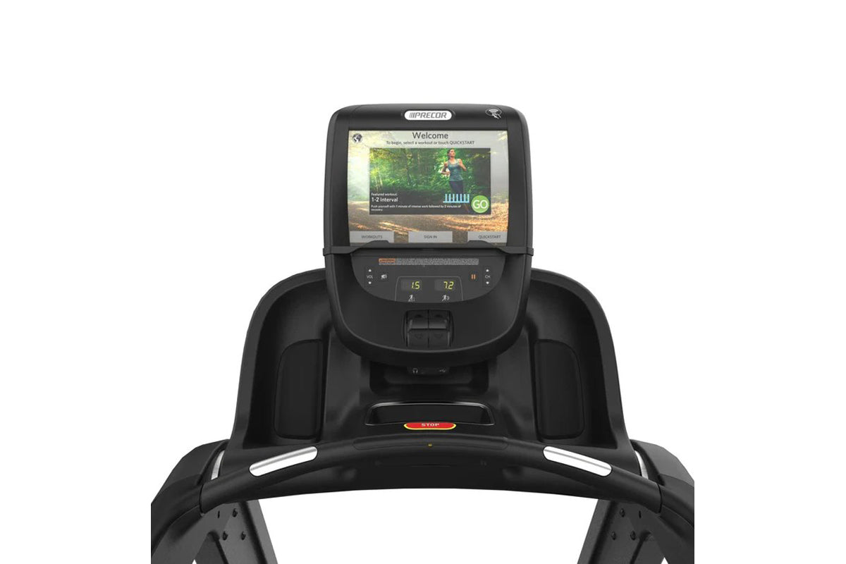 Precor TRM 885 black treadmill with touchscreen console displaying workout interface on white background