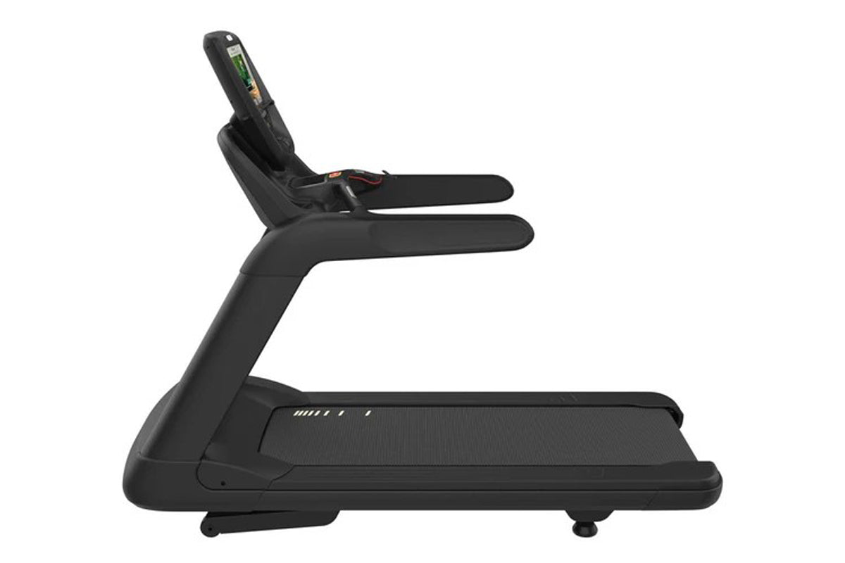 Black commercial treadmill with dual handrails, digital console display, and textured running deck on white background