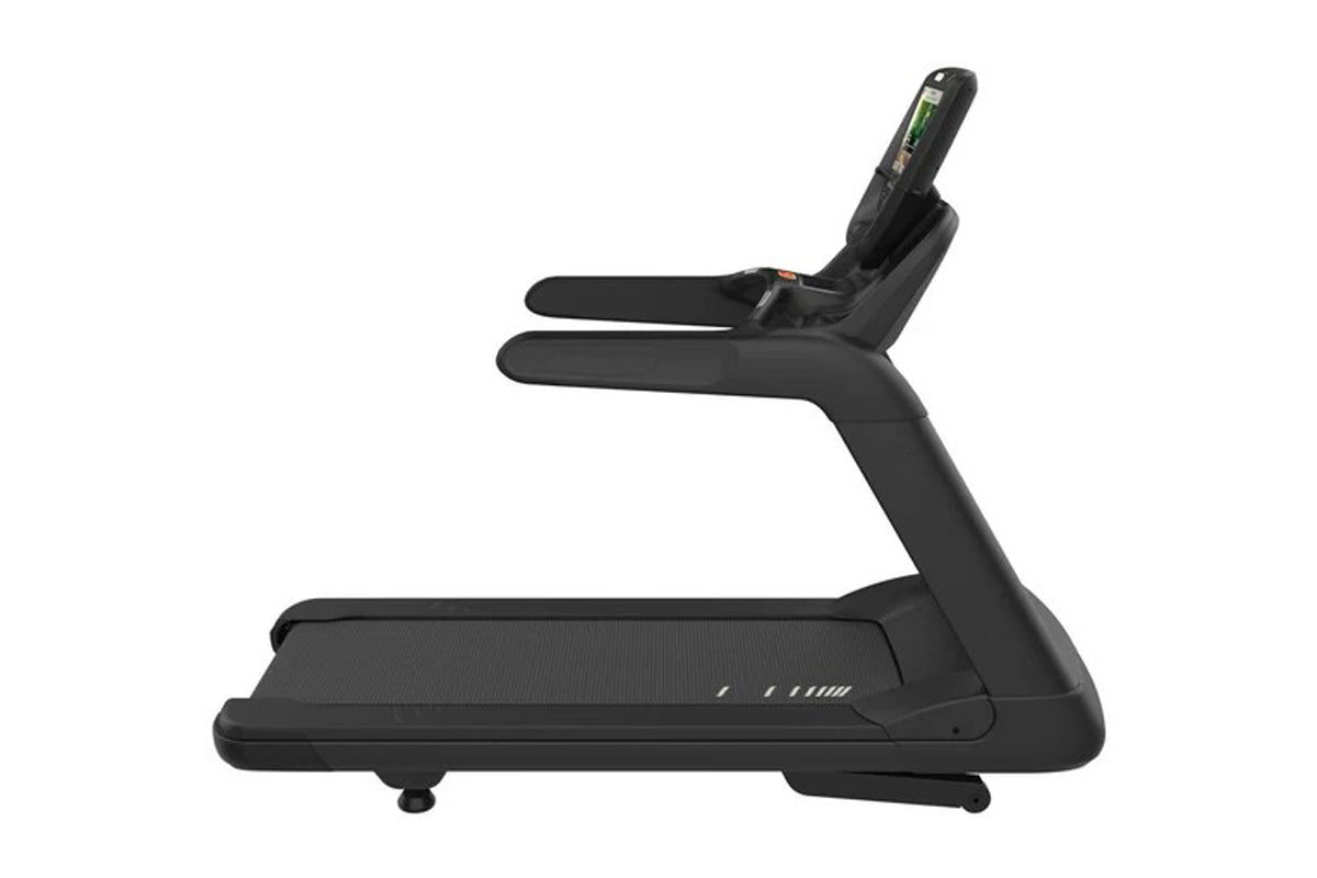 Black commercial treadmill with curved frame, digital console display, and textured running belt on white background