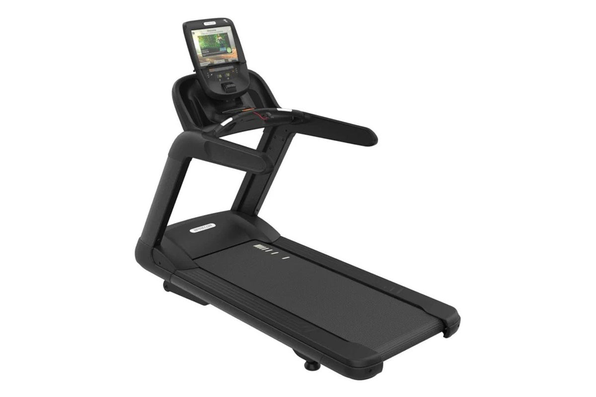 Black commercial treadmill with digital console display showing workout metrics, cushioned running belt, and adjustable handr