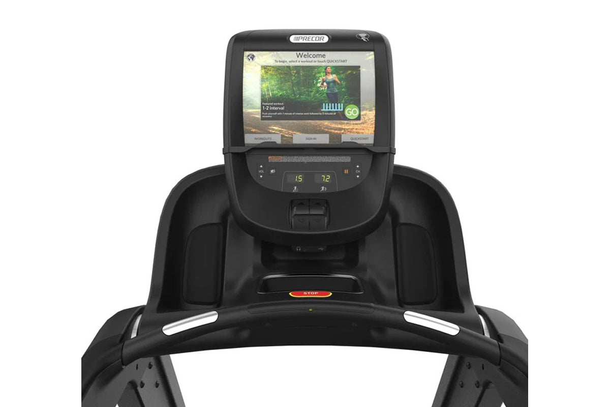 Black Precor TRM 885 treadmill with P82 console displaying workout interface on white background