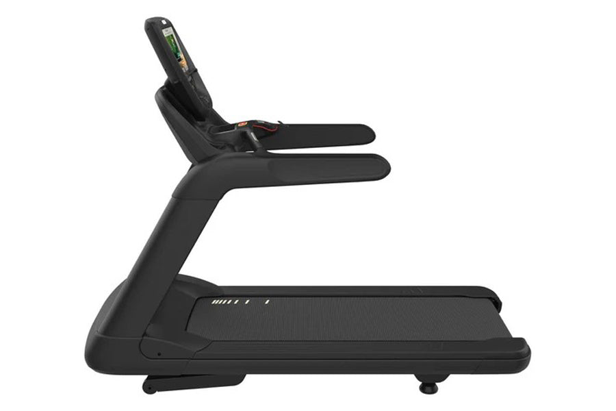 Black commercial treadmill with digital console and dual handrails on white background