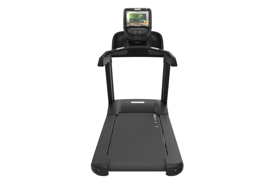 Black Precor TRM 885 treadmill with digital console display and textured running deck, front view on white background