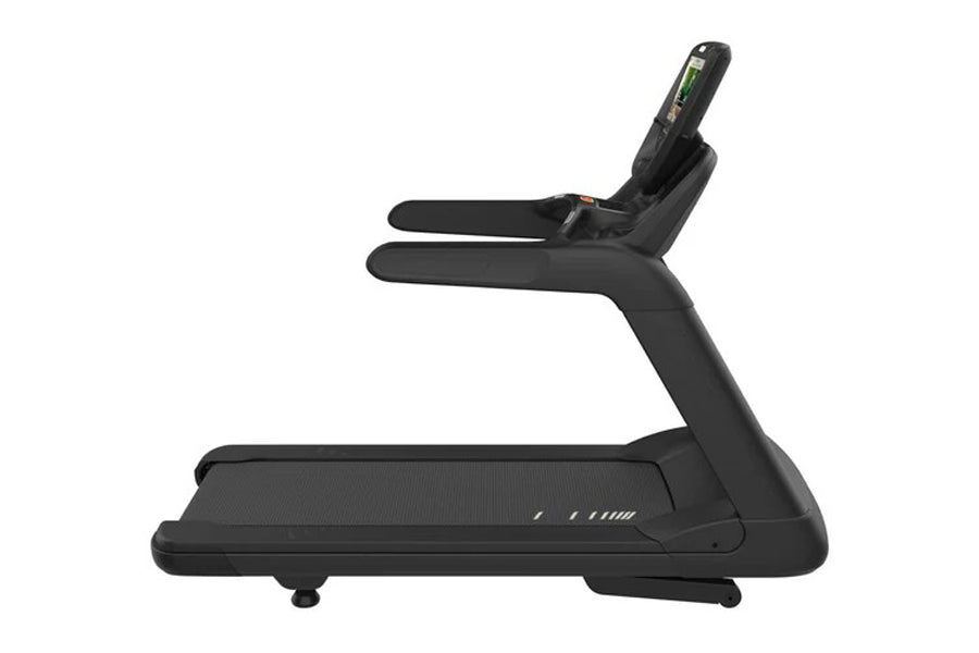Black Precor TRM 885 treadmill with digital console and dual handrails on white background