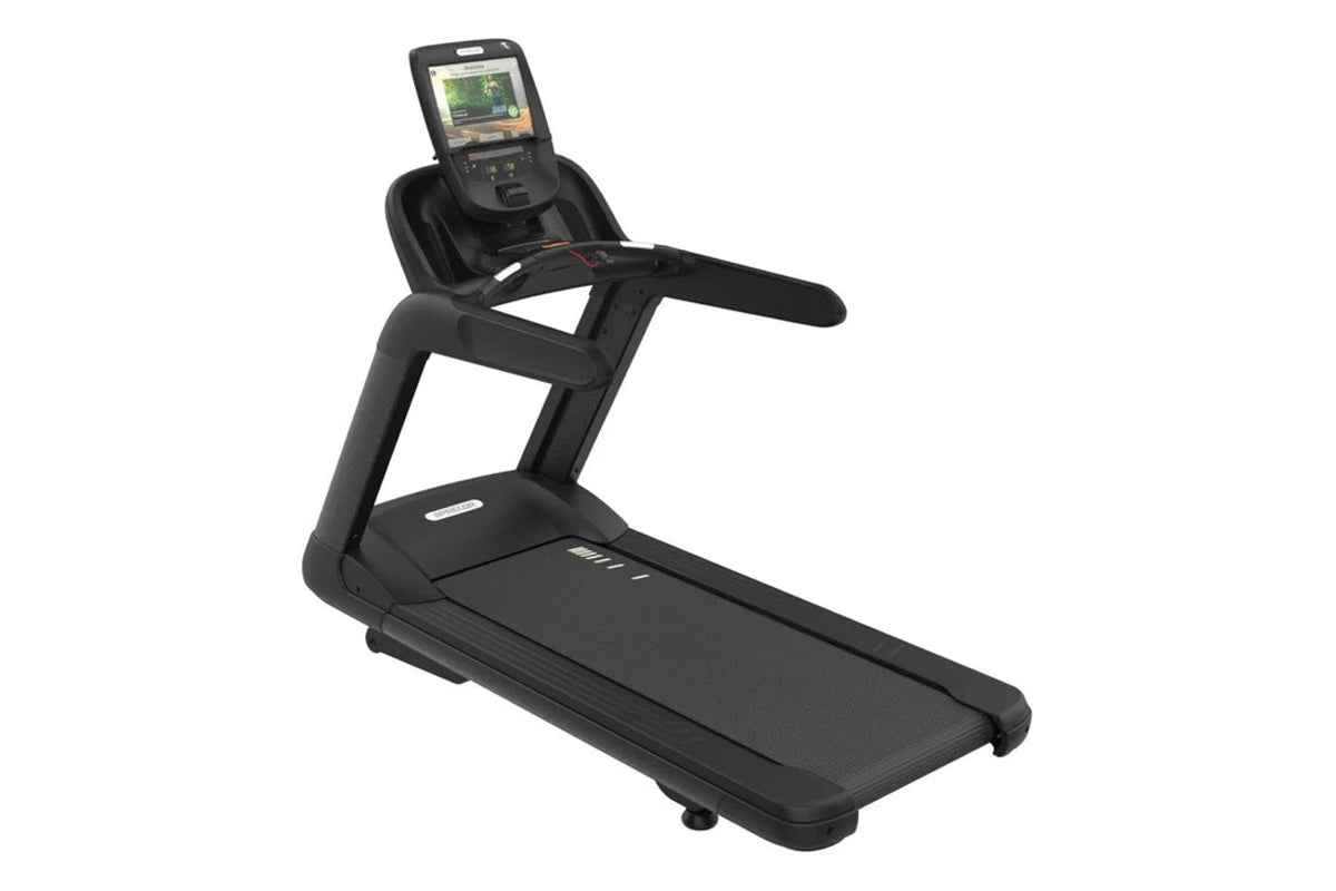 Black Precor TRM 885 treadmill with digital console display and cushioned running deck on white background