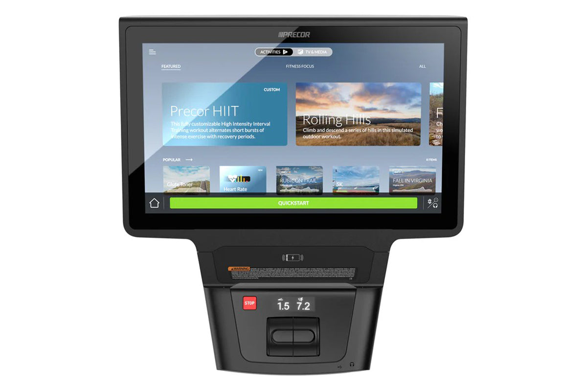 Precor TRM 895 treadmill with P94 touchscreen console displaying fitness workout menu on white background