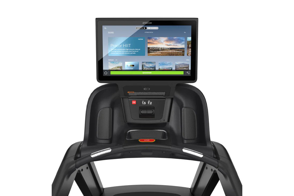 Black Precor TRM 895 treadmill with integrated touchscreen console displaying fitness interface and workout programs