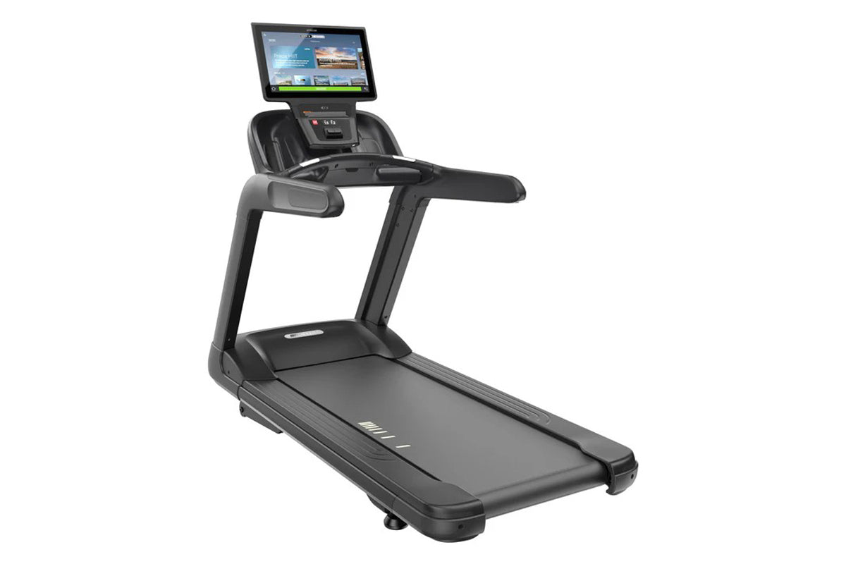 Black Precor TRM 895 treadmill with integrated touchscreen console displaying fitness interface, on white background