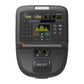 Precor UBK 600 upright exercise bike with dark gray frame, digital display showing workout metrics, numeric keypad, and contr