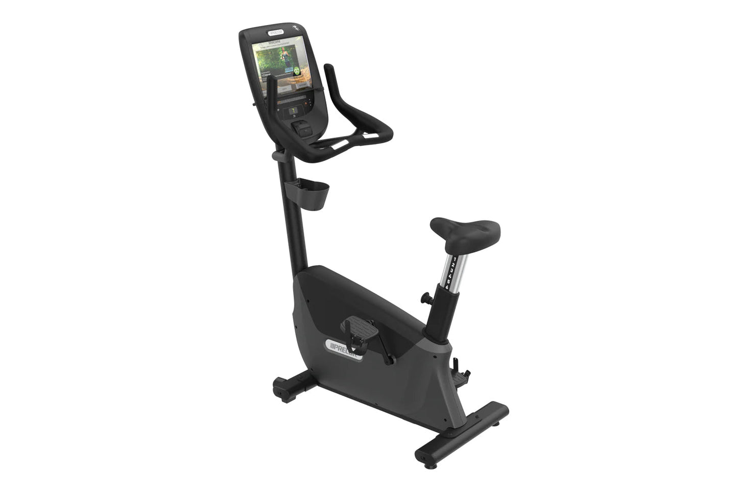 Black upright exercise bike with digital display console, handlebar, padded seat, and foot pedals on white background