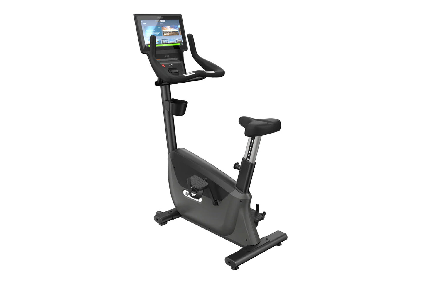 Black upright exercise bike with digital console display, padded seat, handlebars, and stabilizing base on white background