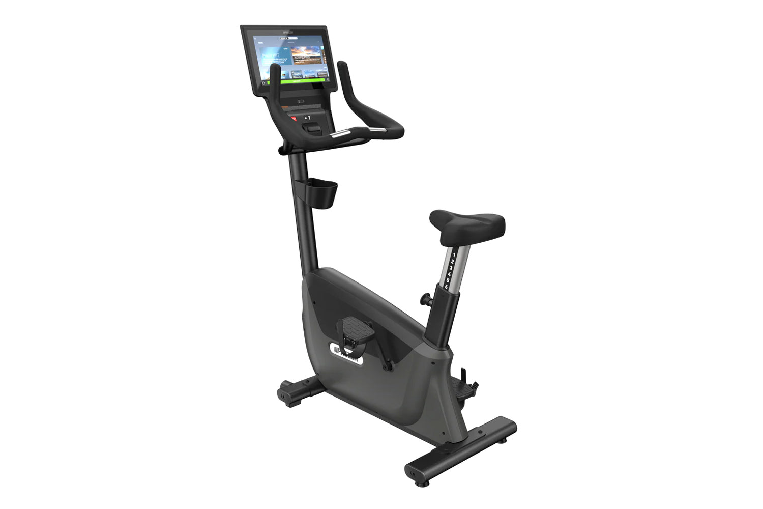 Black upright exercise bike with digital console display, padded seat, handlebars, and stabilizing base on white background