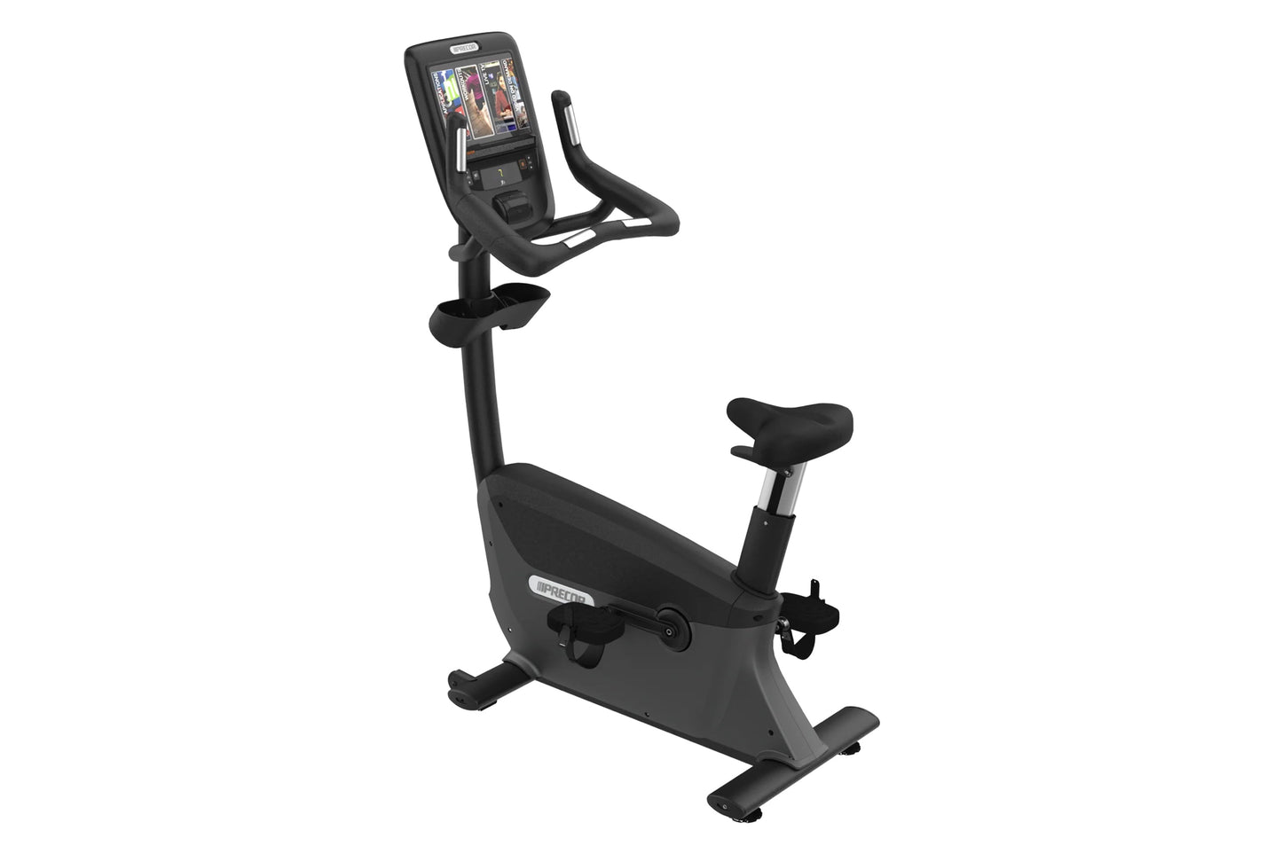 Black upright exercise bike with digital console display, handlebar grips, padded seat, and stabilizing base on white backgro