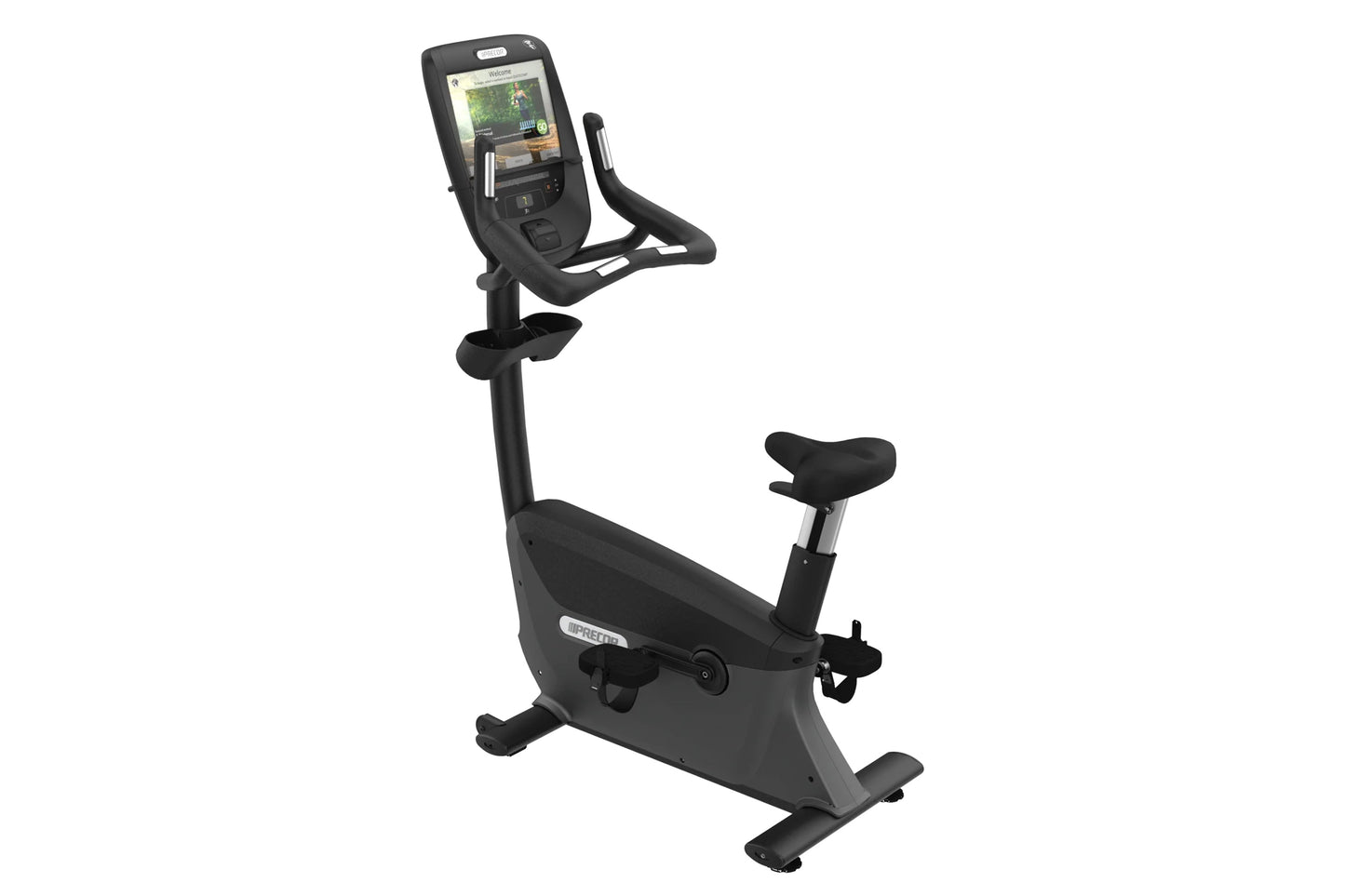 Precor UBK 800 upright exercise bike with black frame, padded seat, handlebars, and digital console display on white backgrou