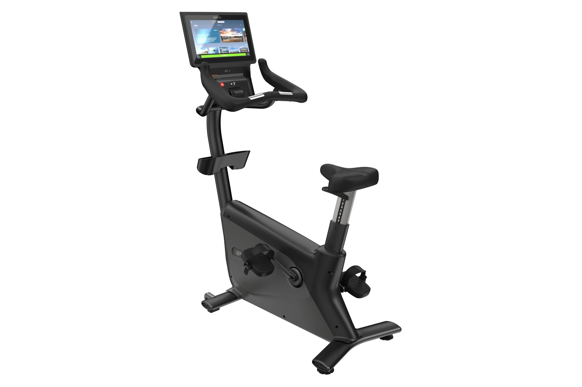 Black upright exercise bike with touchscreen console displaying workout interface, padded seat and handlebars, on white backg