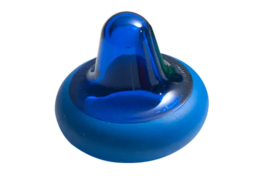 Blue massage ball with textured dome top and rounded base, designed for trigger point release, on white background