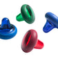 Four colorful massage balls in blue, green, red, and burgundy with textured knobble surfaces, displayed on white background