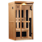 Light wood far infrared sauna cabin with glass front door, black interior panels, and digital control panel on white backgrou