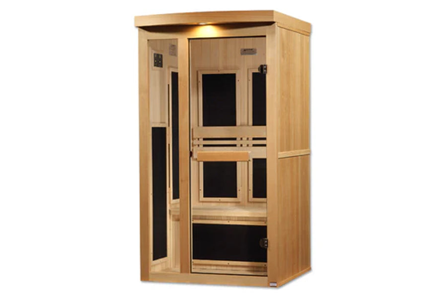 Natural wood far infrared sauna cabin with glass door and windows, featuring black interior panels and control panel, on whit