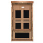 Natural wood infrared sauna cabin with four black glass panel windows and control panel, front view on white background