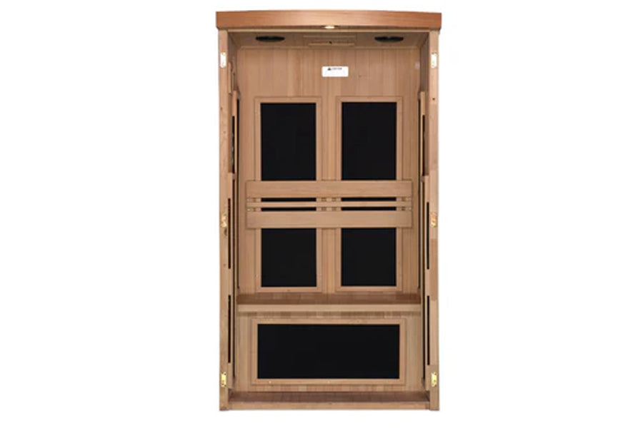 Natural wood infrared sauna cabin with four black glass panel windows and control panel, front view on white background