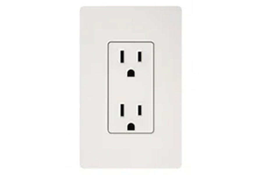 White electrical outlet with two receptacles on light gray wall plate