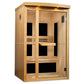 A 2-person capacity Pro 6 Near Zero EMF Far Infrared Sauna made of natural hemlock wood with clear tempered glass and built-in speakers.
