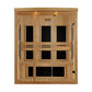 Natural wood 3-person far infrared sauna with glass front doors and wooden bench seating, front view on white background