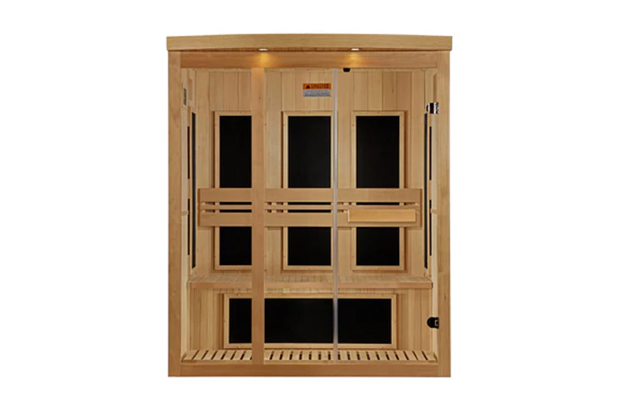 Natural wood 3-person far infrared sauna with glass front doors and wooden bench seating, front view on white background