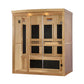 Natural wood sauna cabin with glass front doors, black interior panels, and built-in benches on white background