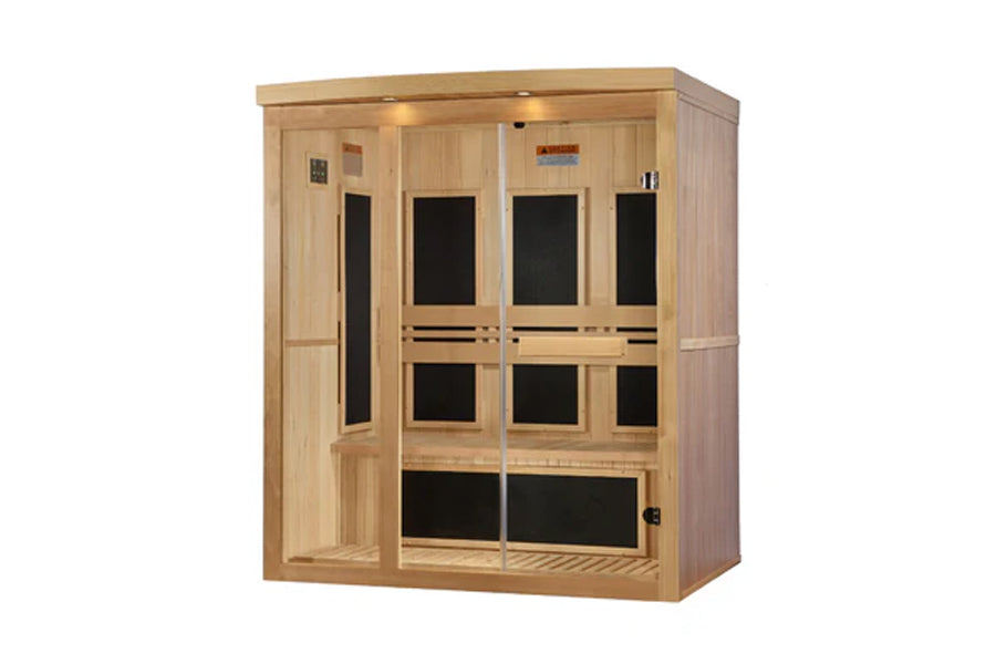 Natural wood sauna cabin with glass front doors, black interior panels, and built-in benches on white background