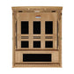 Natural wood 3-person infrared sauna with six heat panels and wooden bench seat on white background