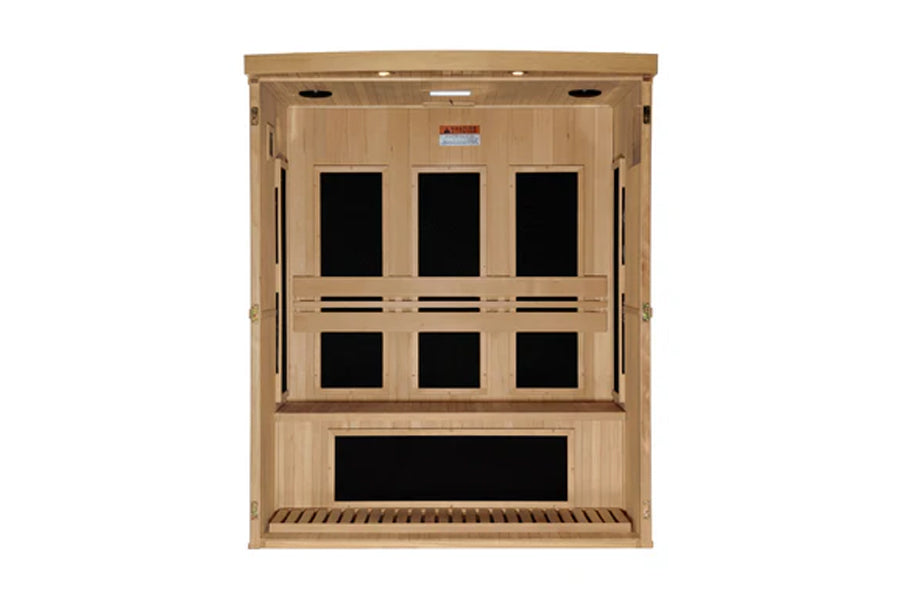 Natural wood 3-person infrared sauna with six heat panels and wooden bench seat on white background