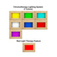 Chromotherapy lighting system with seven color options including yellow, green, cyan, white, blue, red, and magenta in wooden