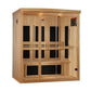 Natural cedar 3-person infrared sauna with black glass panels, bench seating, and control panel on white background