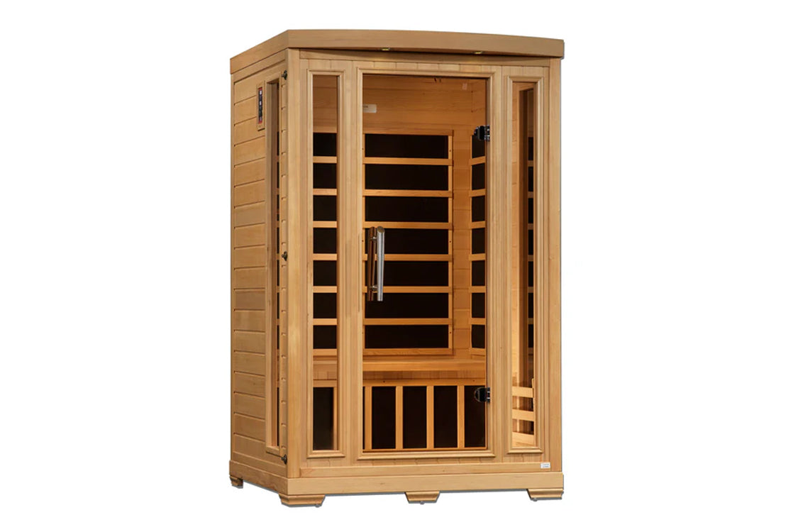 Two-person infrared sauna with natural wood construction, glass front doors, wooden benches, and black heating panels visible