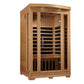 Light wood two-person infrared sauna cabin with glass front door, interior wooden benches, and black heater elements visible 