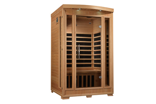 Light wood two-person infrared sauna cabin with glass front door, interior wooden benches, and black heater elements visible 
