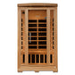 Natural wood two-person infrared sauna with glass front doors, wooden benches, and side vents on white background