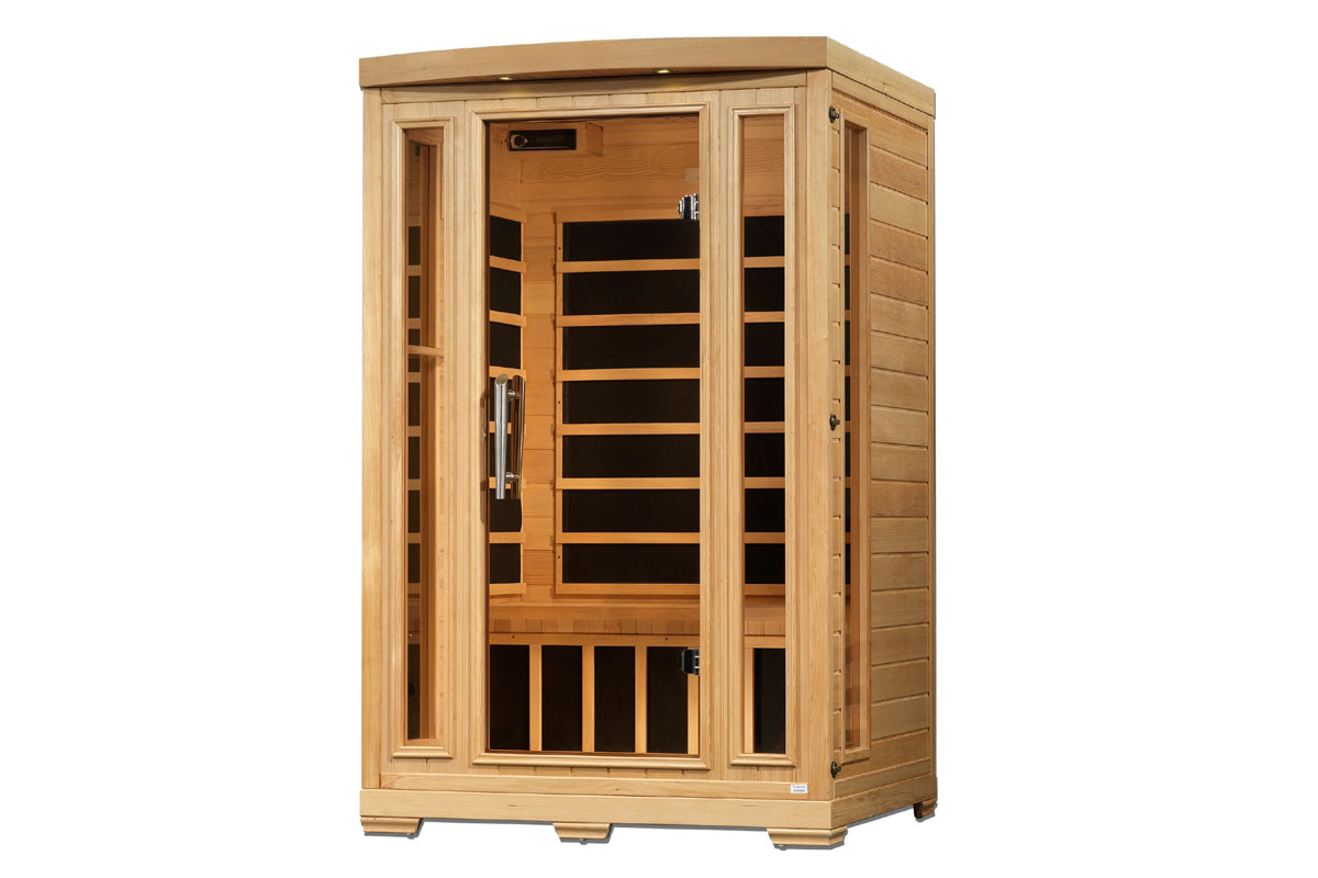 Natural wood two-person infrared sauna with glass door, cedar interior, black heating elements, and digital control panel on 