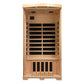 Natural wood two-person infrared sauna cabin with black glass panels, vents on sides, control panel on top, and wooden bench 