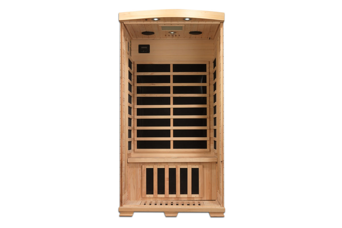 Natural wood two-person infrared sauna cabin with black glass panels, vents on sides, control panel on top, and wooden bench 