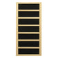 Natural wood framed sauna panel with seven black fabric inserts and horizontal wood dividers, on white background
