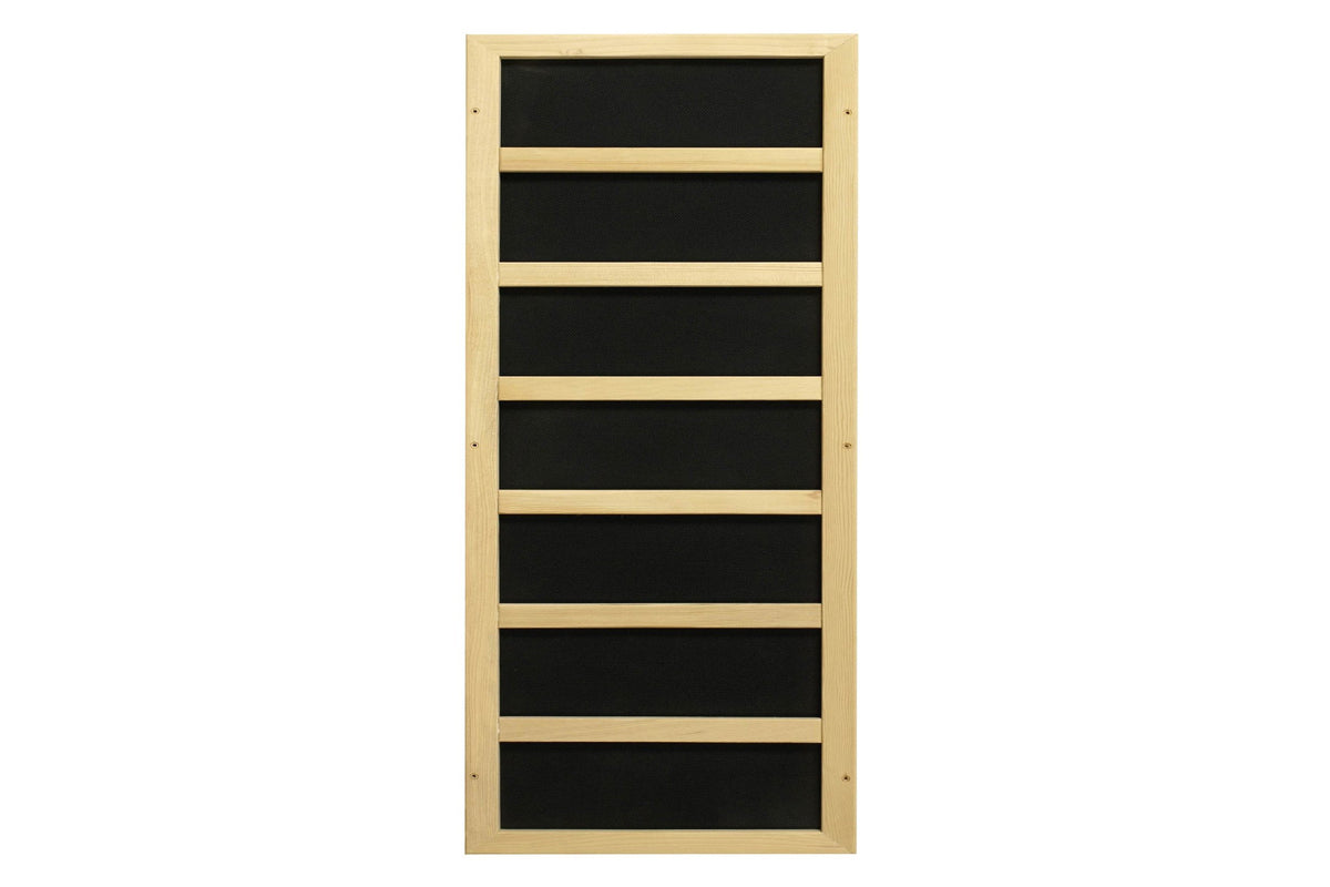 Natural wood framed sauna panel with seven black fabric inserts and horizontal wood dividers, on white background