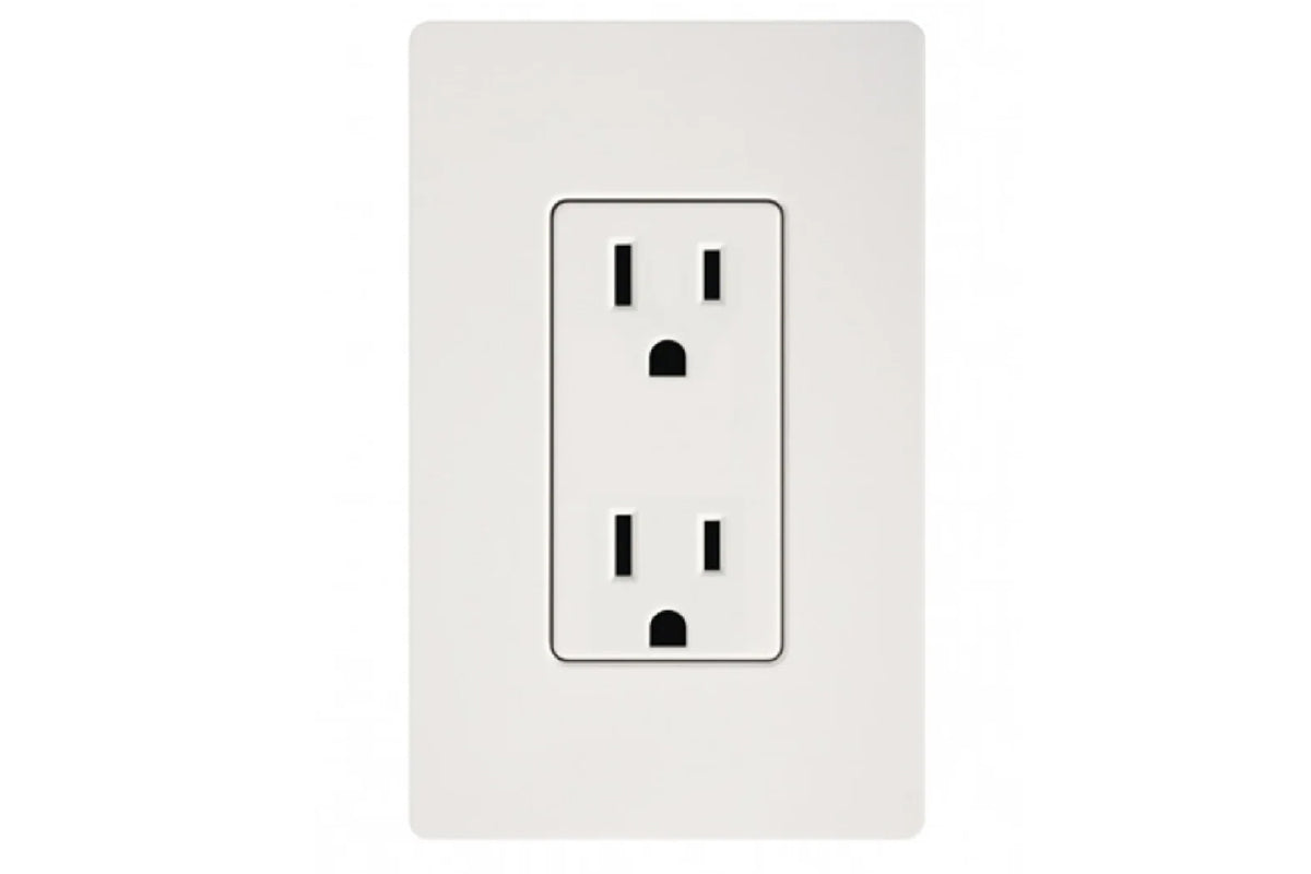 White wall outlet with dual electrical receptacles and black metal frame on light background