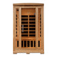 Two-person wooden infrared sauna with cedar construction, glass front door with horizontal black panels, side vents, and chro