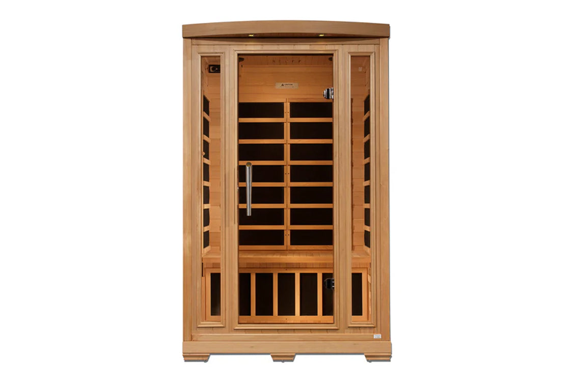 Two-person wooden infrared sauna with cedar construction, glass front door with horizontal black panels, side vents, and chro