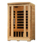 Two-person infrared sauna cabin with natural wood exterior, glass door, and black interior benches, shown on white background