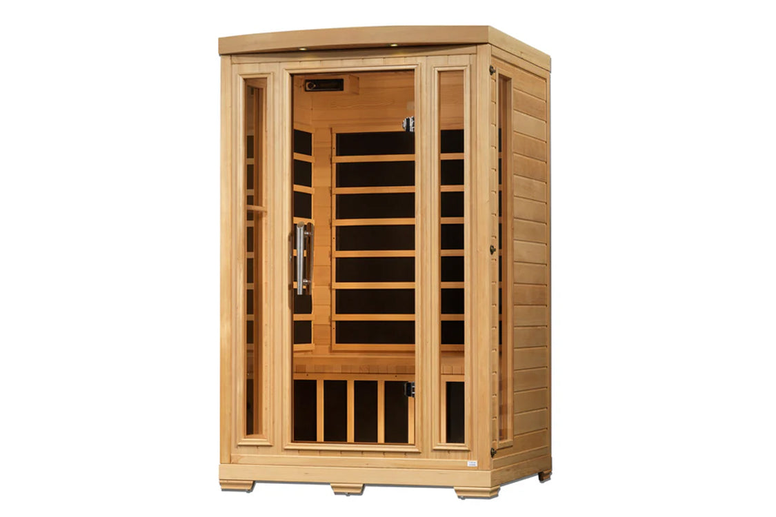 Two-person infrared sauna cabin with natural wood exterior, glass door, and black interior benches, shown on white background